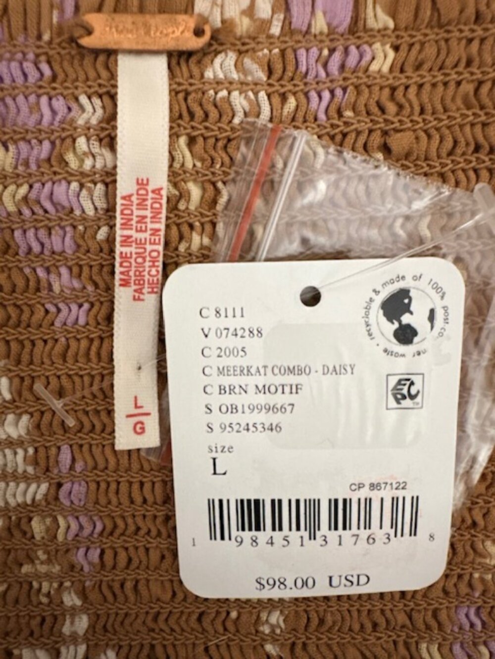 Free People Call Me Baby Meerkat Combo Daisy Brown Motif Size Large NWT - Picture 3 of 10